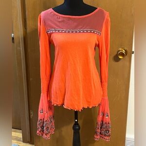 Free People Orange Boho Embroidered Bell Sleeve Top Smocked Sheer Blouse Size M